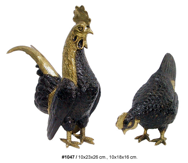 Bronze Rooster & Chicken Statues - DD 1047