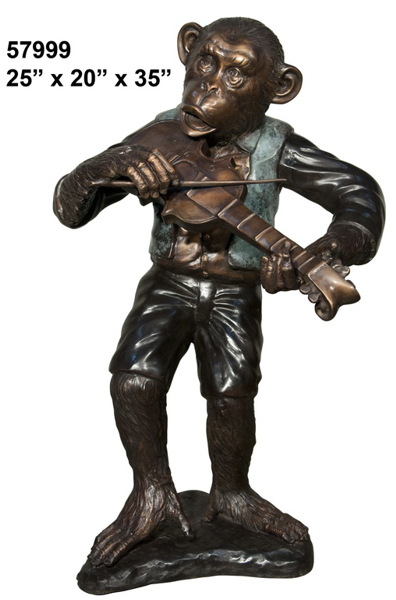 Bronze Monkey Fiddle Statue - AF 57999