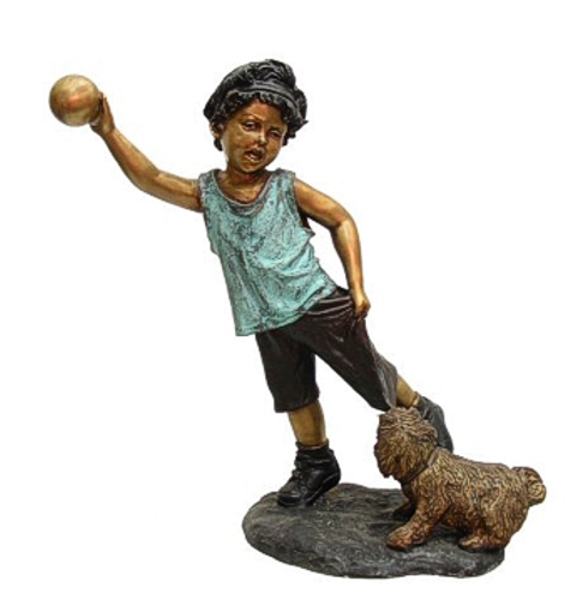 Bronze Boy Playing Ball Dog Statue - DK D-1662