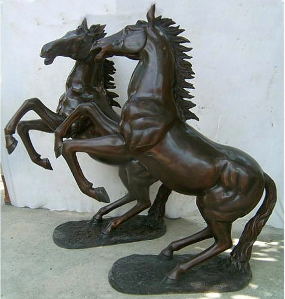 Pair Bronze Rearing Horse Statues