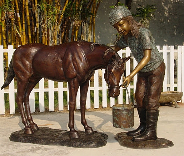 Bronze Girl Watering Pony Statue - KT P-735