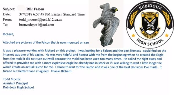 **Bronze Falcon Mascot** Rubidoux High School Reference