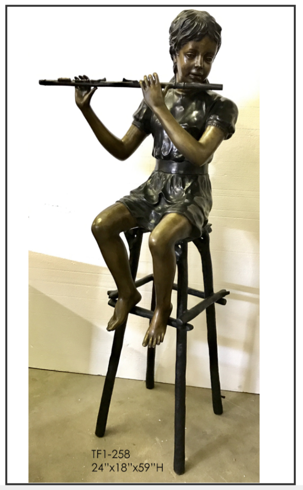 Bronze Girl Playing Flute Statue