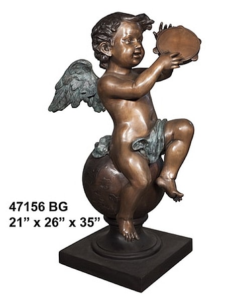 Bronze Child Angel Tambourine Statue - AF 47156 BG