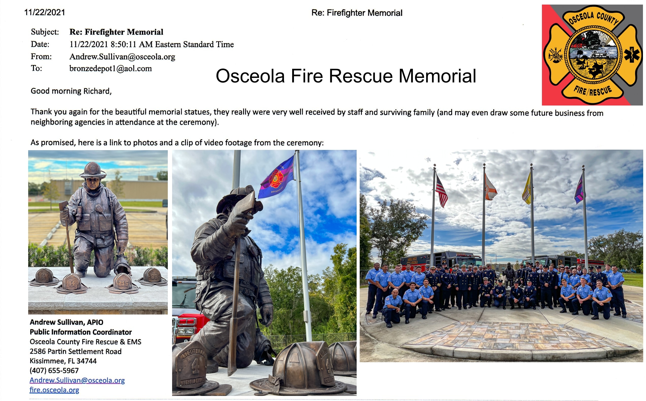 Bronze Firefighter Memorial Statue